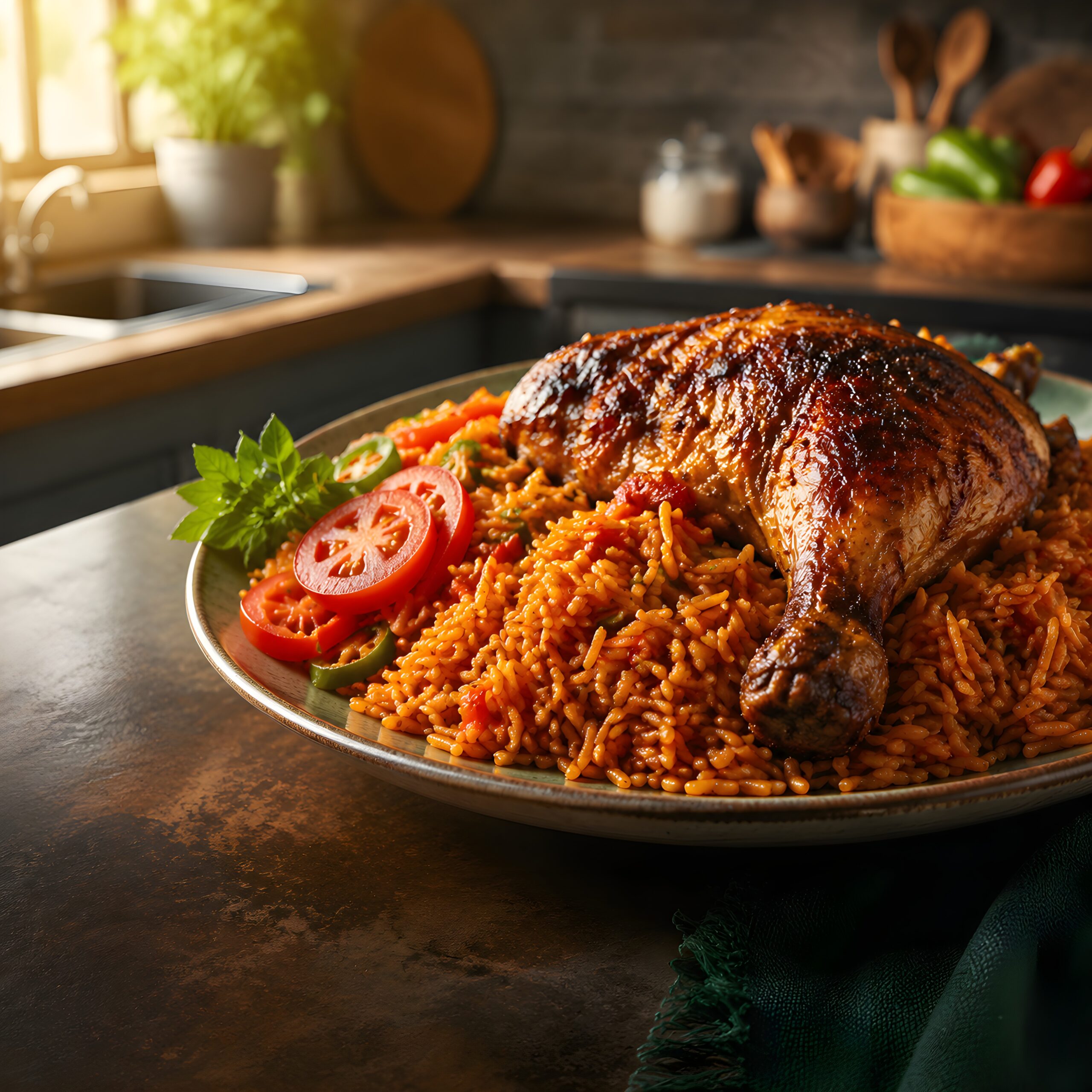 Nigerian jollof rice served with Pally chicken lap